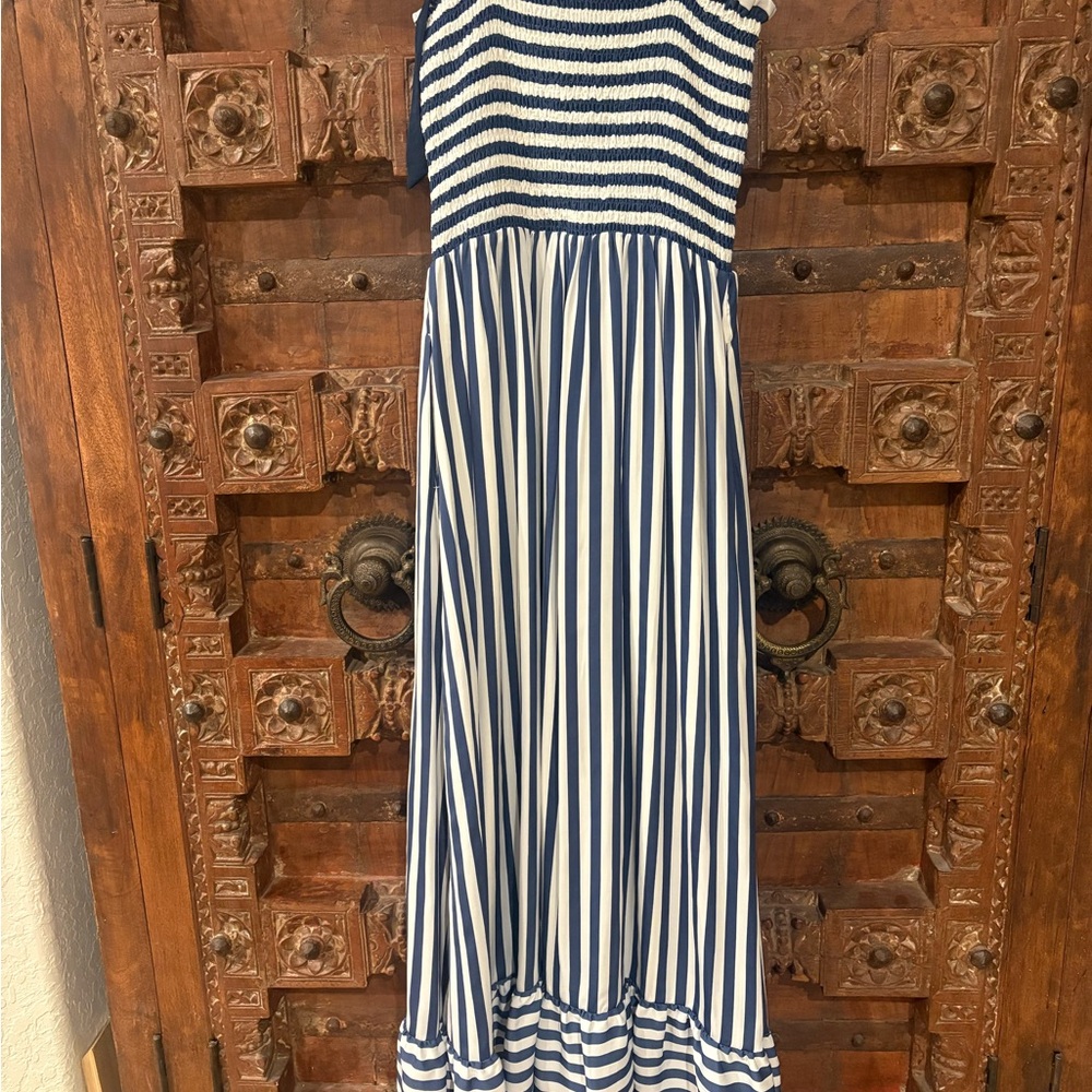 Summersalt Silky Luxe Smocked Maxi dress. Navy and White Striped Dress, medium